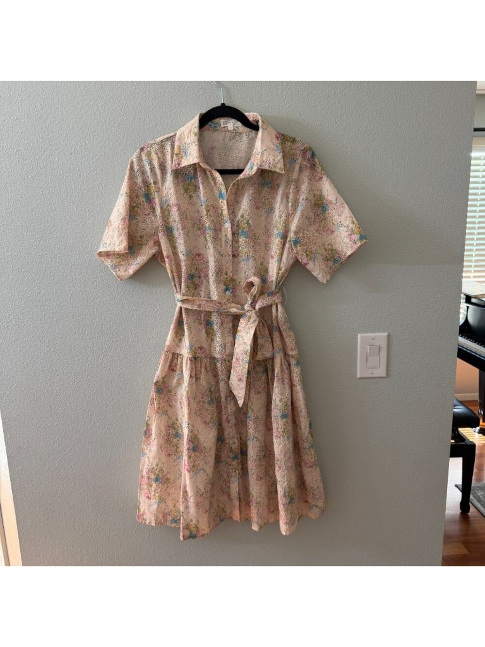 Sweet Salt Drop Waist Belted Eyelet Midi Shirt Dress Womens LARGE Modest